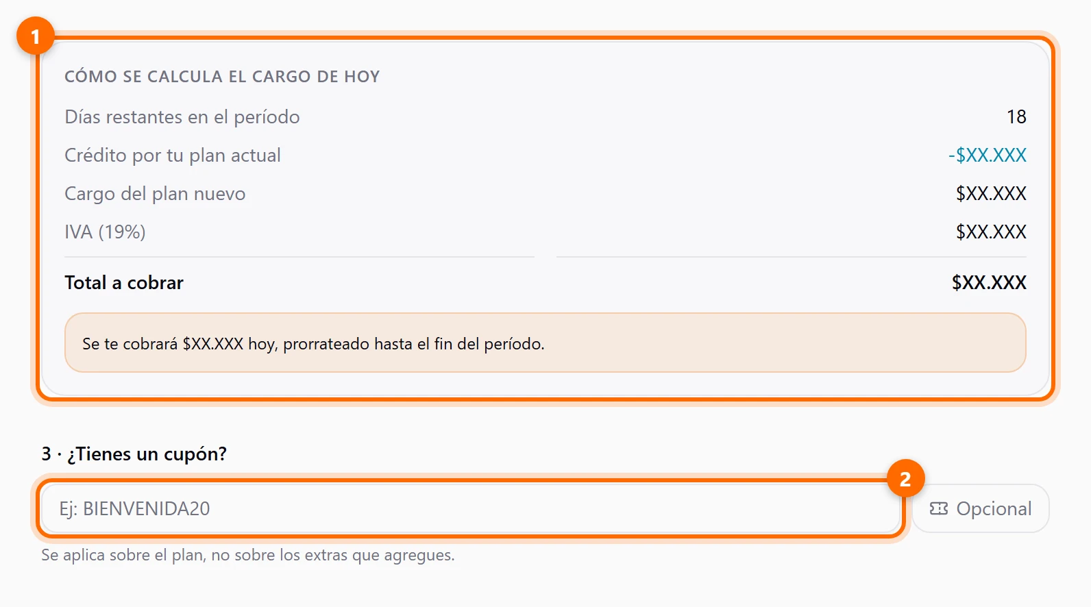 Bloque Cómo se calcula el cargo de hoy y el campo Código de cupón