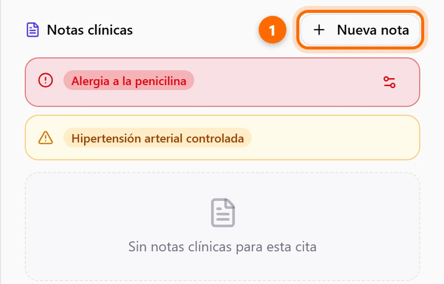 Sección Notas clínicas de la cita con alertas y el botón Nueva nota marcado